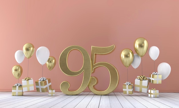 Number 95 birthday party composition with balloons and gift boxes 3D Rendering