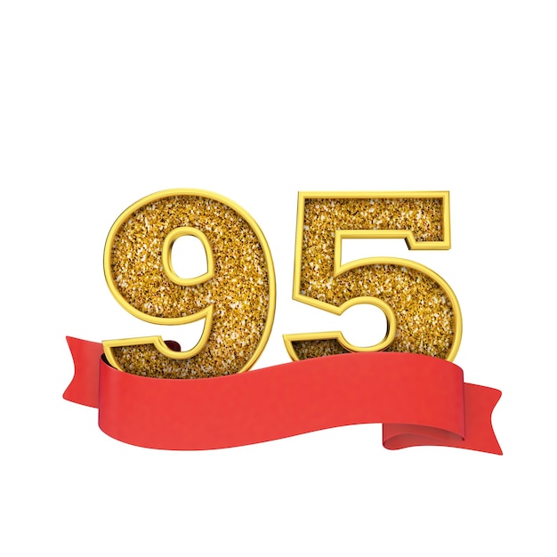 Foto celebrazione glitter oro numero 95 con un banner a scorrimento rosso 3d render