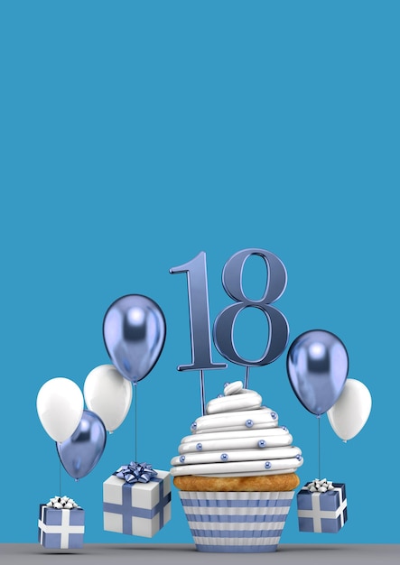 Number  blue birthday cupcake with balloons and gifts d render