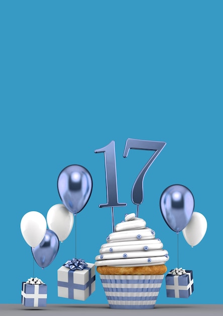 Foto numero blu cupcake compleanno con palloncini e regali d rendering