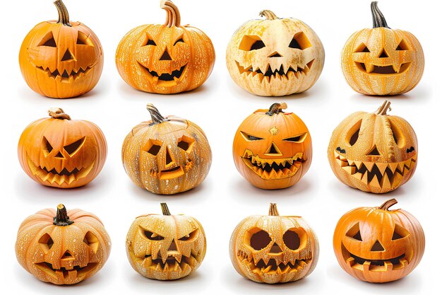 A number of carved pumpkins on a white surface