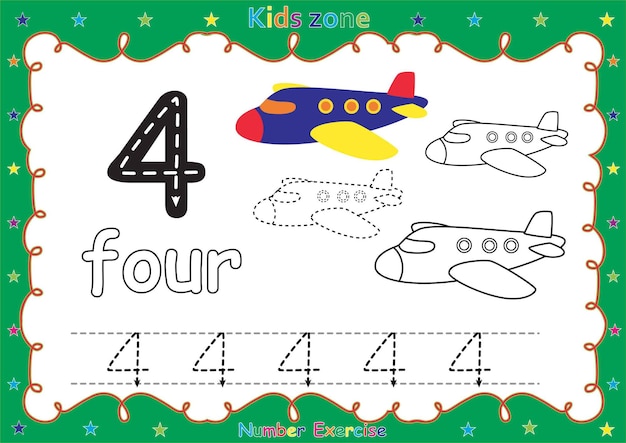 Number exercise with cartoon coloring book kids illustration.