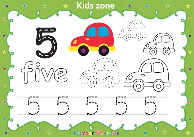 Number exercise with cartoon coloring book kids illustration.