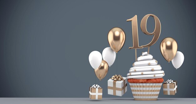 Number  gold birthday cupcake with balloons and gifts d render