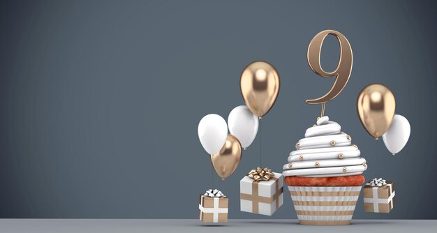 Number gold birthday cupcake with balloons and gifts d render