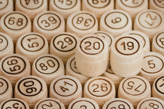 Number is 2019 against the background of wooden kegs of lotto. New Year. Close up