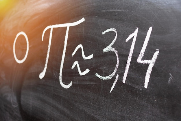 Number pi handwritten with white chalk on a blackboard.