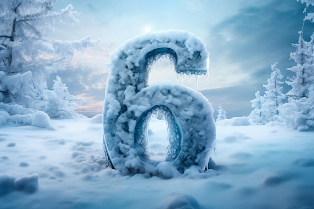 Photo the number six in the cold against the backdrop of winter during a snowfall frozen number six