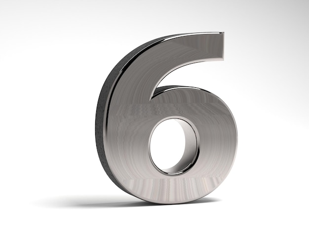 Number six made of steel on a white background Metal volumetric figure 3D render