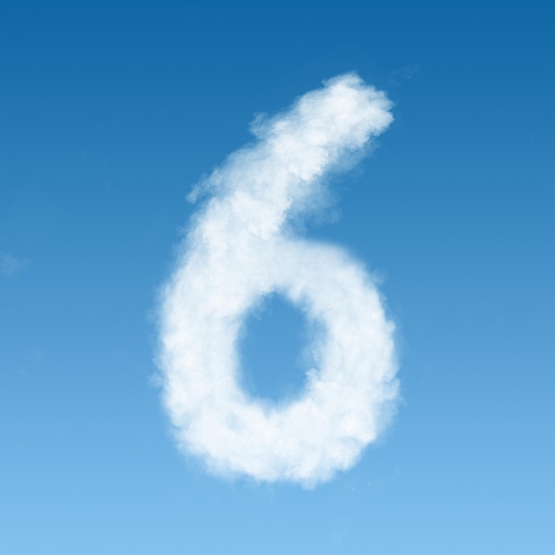 Number six made of white clouds on blue sky