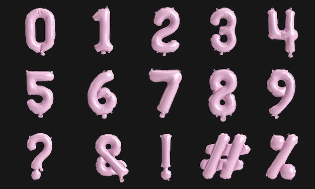 Number table and mark 3d illustration of type 1 pastel rose\
balloons isolated on black background