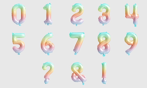 Number table and mark 3d illustration of type 1 rainbow
balloons isolated on white background