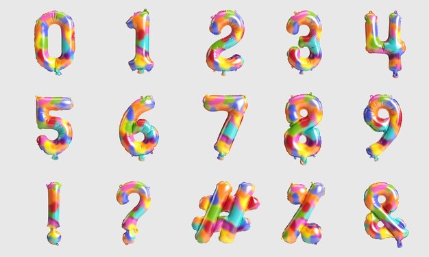 Number table and mark 3d illustration of type 10 rainbow
balloons isolated on white background