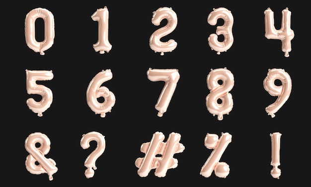 Number table and mark 3d illustration of type 2 rose golden\
balloons isolated on black background