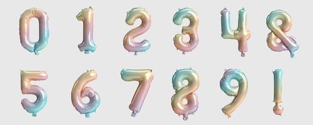 Number table and mark 3d illustration of type 3 noble rainbow\
balloons isolated on black background