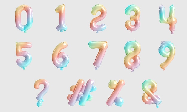 Number table and mark 3d illustration of type 4 rainbow\
balloons isolated on white background