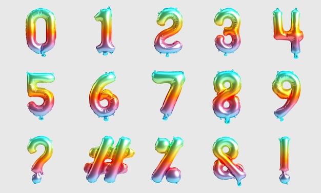 Number table and mark 3d illustration of type 9 rainbow balloons isolated on white background