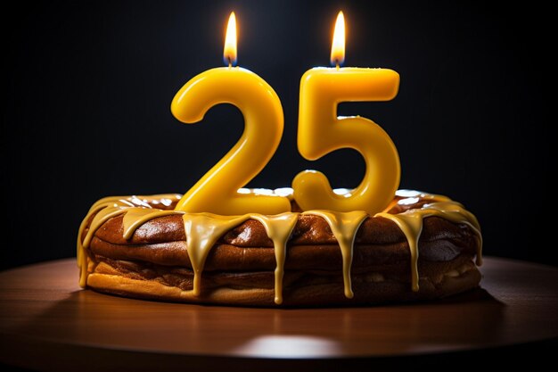 Photo the number twenty five on a yellow cake for an anniversary or birthday in a dark key