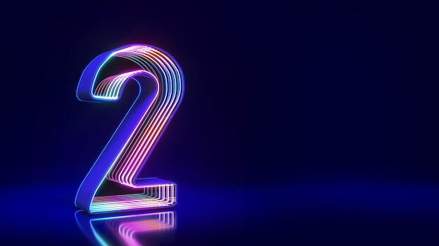 Number two scifi style Neon lights on dark blue background3d rendering