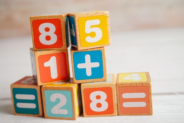 Number wood block cubes for learning Mathematic education math concept