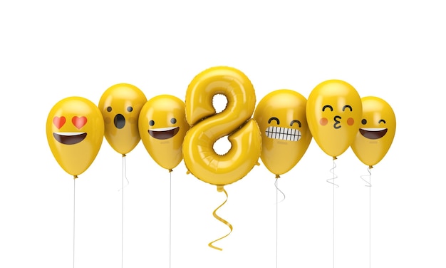 Number yellow birthday emoji faces balloons d render