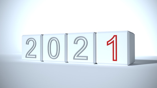 Numbers of 2021 on a square box in 3D rendering illustration design