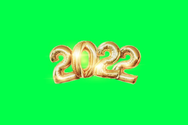 Numbers 2022 from Gold foil balloons. Happy New Year. Modern design on a green background, isolate. Design template, header for the site, poster, New Year's card, flyer. 3D illustration, 3D render.