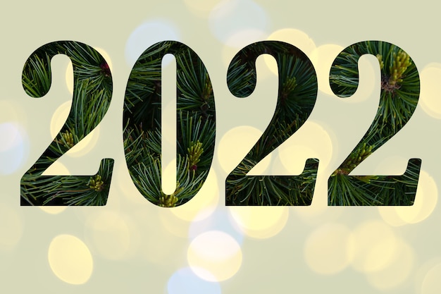 Numbers 2022 from pine branches close-up on a light yellow background with beautiful bokeh, natural christmas background. New Year card for 2022