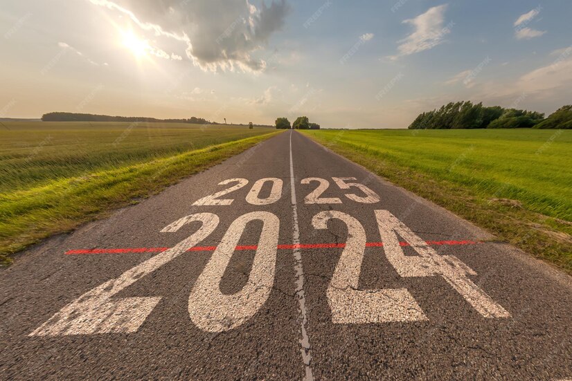 Premium Photo Numbers 2024 2025 on asphalt road highway with sunrise or sunset sky background