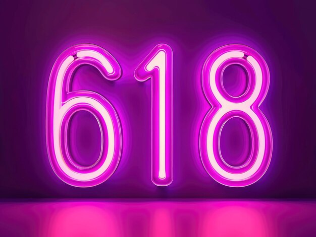 Foto i numeri 618 in luce neon rosa su uno sfondo viola scuro