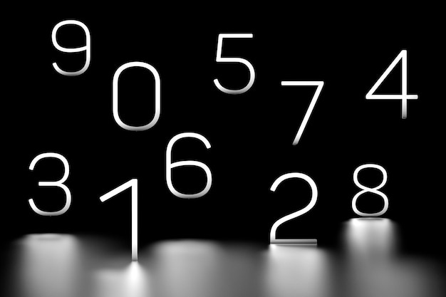 Numbers from 0 to 9 Glowing white numbers on a black background from zero to nine 3D render