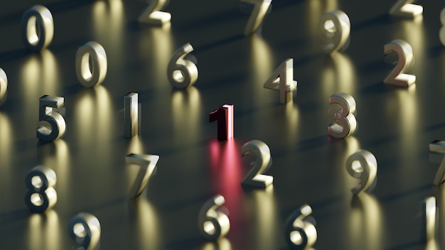 Numbers zero to nine focused on red one dark background wallpaper 3d render