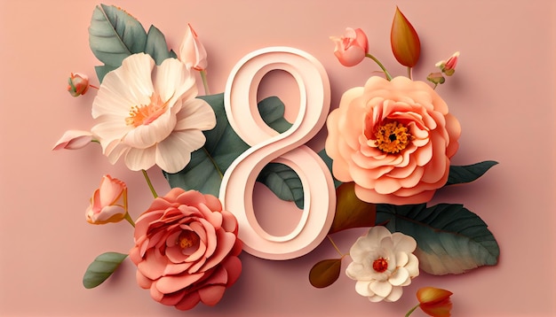 Numeral 8 surrounded by flowers on a purplish pink pastel background