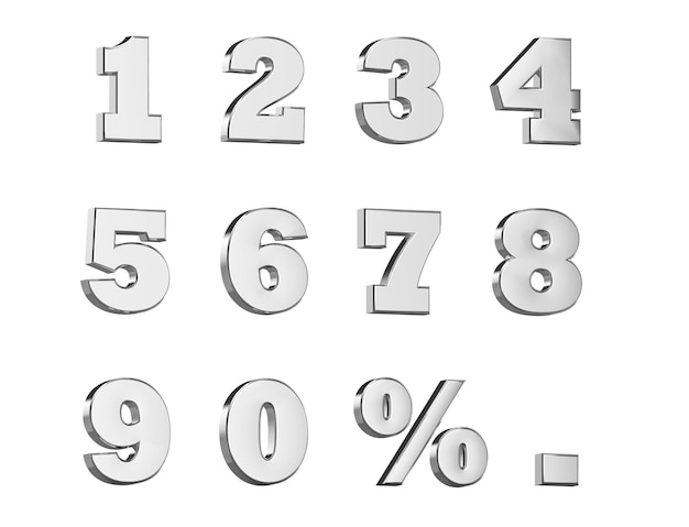 Lettere numeriche con simbolo di percentuale e un simbolo di punto in colore argento - illustrazione 3d