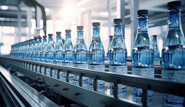 numerous bottled waters are on a conveyor with blue bottles sitting down in the style of vray