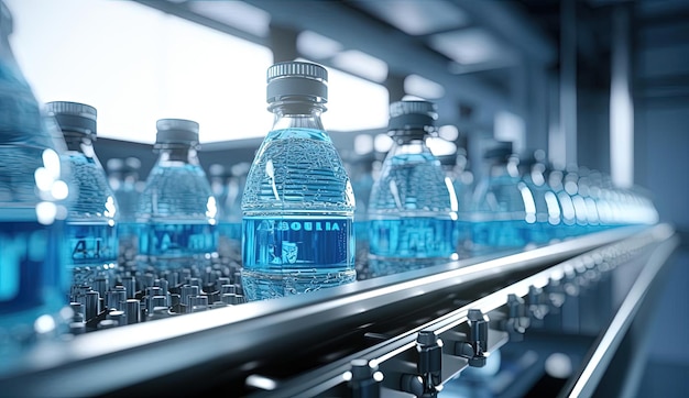 numerous bottled waters are on a conveyor with blue bottles sitting down in the style of vray