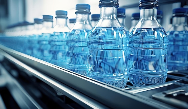 numerous bottled waters are on a conveyor with blue bottles sitting down in the style of vray