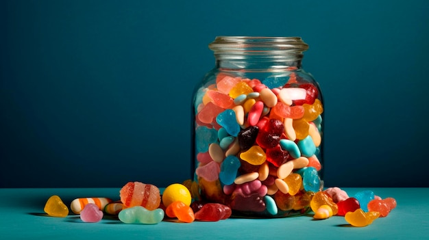 Numerous candies of various shades and shapes overflowing a glass jar Generative AI