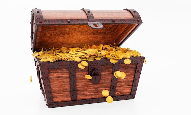 Photo numerous gold coins spilled out from the treasure chest oldstyle wooden treasure chest tightly assembled with rusted metal strips 3d rendering