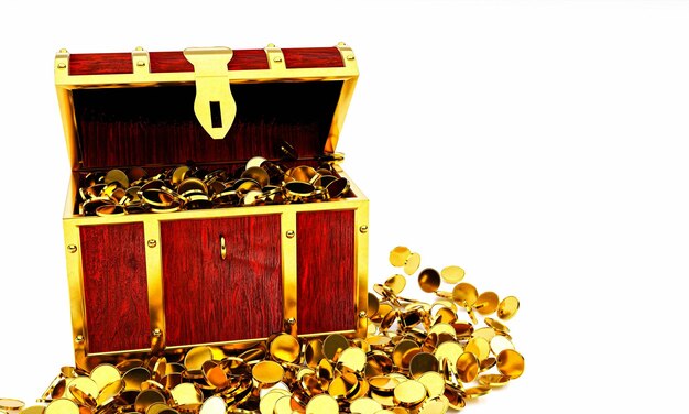 Photo numerous gold coins spilled out from the treasure chest oldstyle wooden treasure chest tightly assembled with rusted metal strips 3d rendering