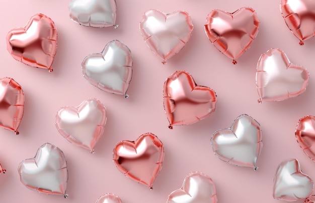 многочисленные фольгированные шары в форме сердца на розовом фоне