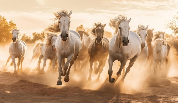 numerous horses running through the dirt in the style of light white and beige