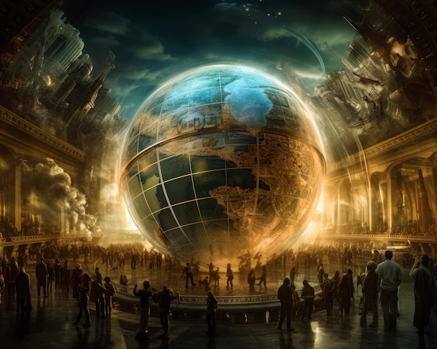 Photo numerous human figures stand near the huge globe abstract antique interior backdrop generative ai