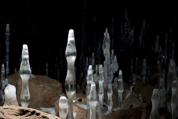 Photo numerous ice stalksstalagmites on the floor of the cave