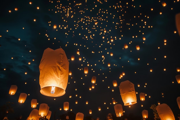 Numerous lanterns fill the sky as they float gracefully in the air A multitude of paper lanterns released into the night sky in remembrance on Memorial Day AI Generated