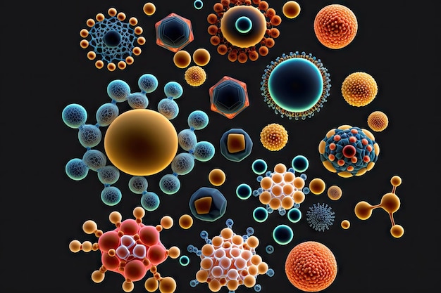 Photo numerous microscopic molecules of medicine in liquid state isolated on black background