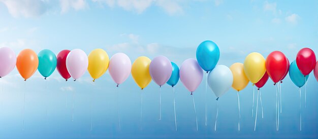 Numerous vibrant balloons adorn a sky like wall