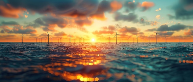 Photo numerous wind turbines on an offshore wind farm set against a hazy sunlit background with lots of copy space for advertising generative ai