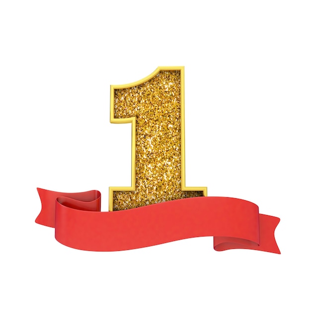 Nummer 1 gouden glitterfeest met een rode scrollbanner 3D Render