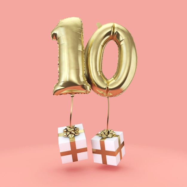 Nummer 10 verjaardagsviering goudfolie heliumballon met cadeautjes 3D Render
